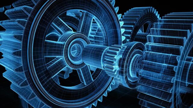 3D Wireframe Gears in Motion for Industrial and Mechanical Designs