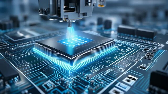 High-tech microchip manufacturing process with advanced machinery and circuit board, perfect for technology themes