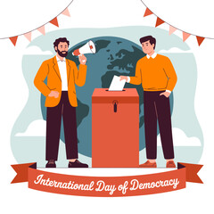 International Day of Democracy Digital Illustration with Voting, Speaker with Megaphone, and Globe Background.