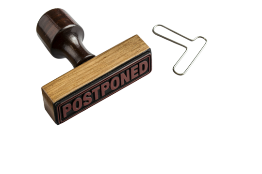 Urgent notice of event change with stamp and clip, showing a shift in plans and timeline adjustments for business ventures or personal projects now delayed