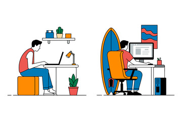 Flat Design Illustration of a Person Working in a Home Office with Two Different Desk Setups.