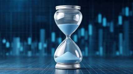 Glass hourglass with blue sand against a blurred financial chart background representing time management and investment success 4k video footage - Powered by Adobe