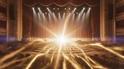A stage with red curtains and bright spotlights, illuminated beams of light. The floor is covered in glowing energy - Powered by Adobe