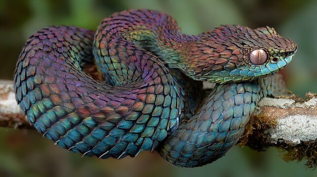 Stunning iridescent bush viper snake coiled on branch with vibrant multicolored scales high resolution photo