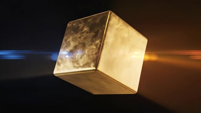 A golden, geometric cube with beveled edges floats against a dark background, illuminated with streaks of light