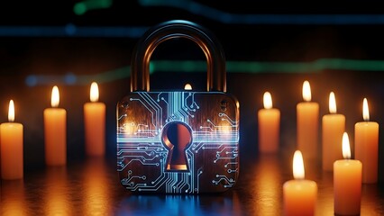 Digital Security - Padlock with Circuit Board Design Surrounded by Candles.