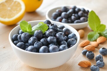 Fresh berries, nuts, and herbs on white background. AI generative