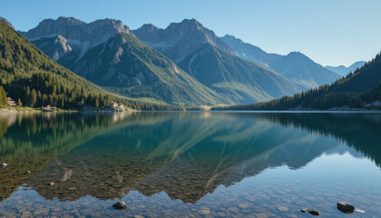 Serene lake reflecting mountains and trees on a clear day