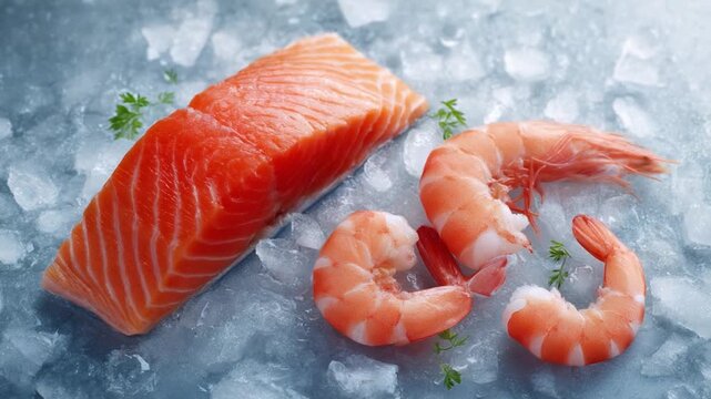 Explore fresh seafood options with salmon and shrimp beautifully displayed on ice. Perfect for cooking inspiration and food photography. AI