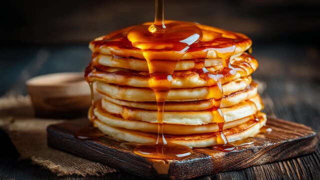 Delicious stack of fluffy pancakes drizzled with syrup, perfect for breakfast or brunch