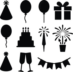 Black silhouette party icons on white background birthday