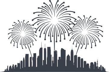 Dark silhouette of city skyline with fireworks celebration