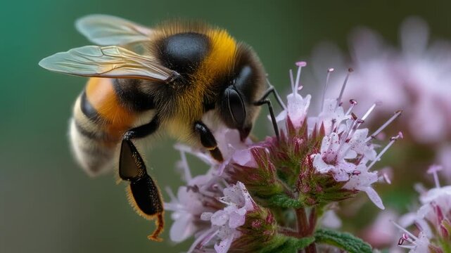Close-up of a bumblebee pollinating vibrant flowers in nature, showcasing the beauty of wildlife and biodiversity