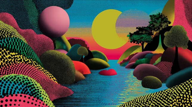creative funk colorful illustration, vibrant color landscape of river under crescent moon 