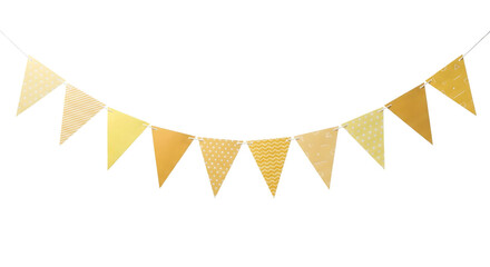 Yellow and golden triangular paper garland with polka dots and stripes isolated on white background