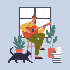 Flat Minimalist Illustration of a Person Playing Guitar with Cat and Plants in Cozy Room.