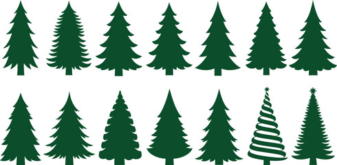 Collection of Green Evergreen Trees Silhouettes for Winter and Holiday Designs Isolated on Transparent Background Vector Illustration