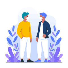 Flat Design Illustration of Two People Wearing Face Masks with Plants in Background.