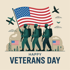 Stylized Veterans Day Illustration with Soldiers Marching and U.S. Flag.