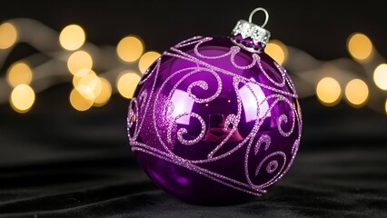 Elegant Purple Christmas Ornament with Silver Swirls and Bokeh Lights.