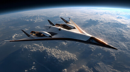 Futuristic aircraft soaring above Earth's atmosphere with clouds below