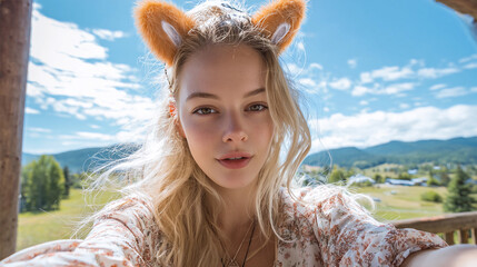 Young woman wearing fox ears enjoys a sunny day outdoors