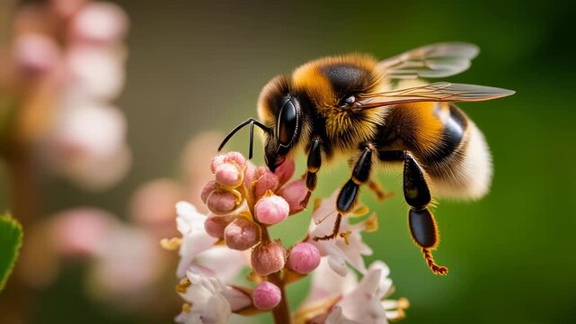 Close-up of a bumblebee pollinating vibrant pink flowers in nature