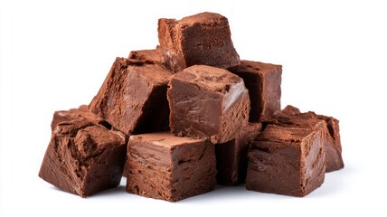 Chocolate fudge cubes on white background. AI generated