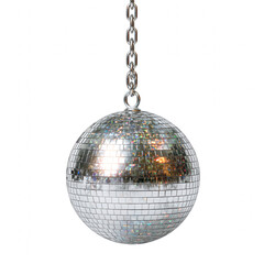 Shiny, retro disco ball or mirror ball hanging from chain, isolated for festive party or celebration. Perfect object for nightclub and dance music event backgrounds
