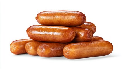 Neatly stacked sausages on white background. AI generated