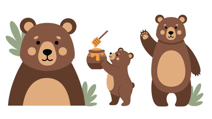 Fototapeta premium Set of three cute brown bear character illustrations, including a portrait, a cub with a honey pot, and a waving bear.