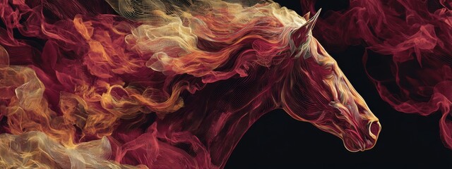 Mystical Horse Emerging from Swirling Red and Gold Smoke in Ethereal Artistic Interpretation