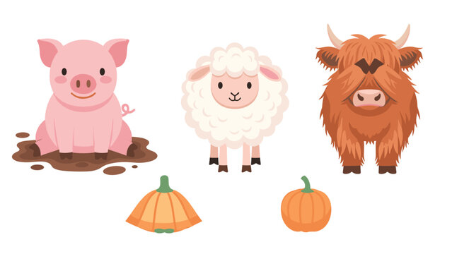 Charming collection of farm animals including a pig in mud, a fluffy sheep, a Highland cow, and autumn pumpkins.