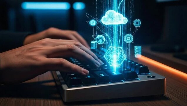Hands typing on keyboard with digital cloud technology overlay
