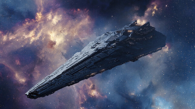 Spaceship traveling through a colorful galaxy in deep space