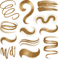 Collection of golden brush strokes and flourishes swirl