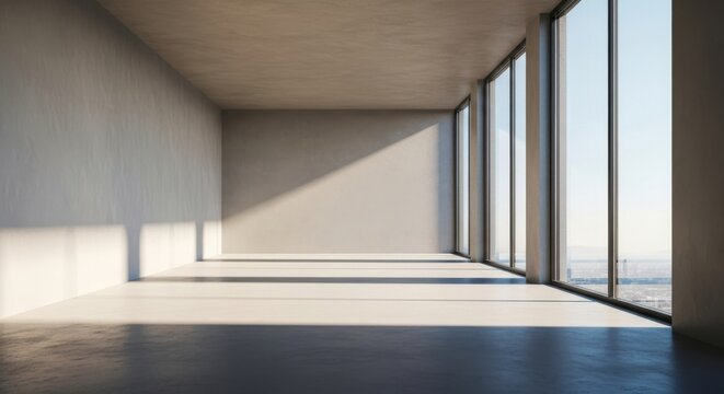 Empty modern concrete room with large windows, bright city urban view.