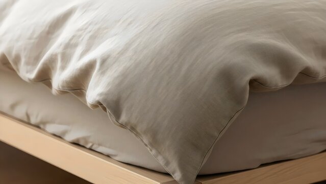 Cozy neutral sand linen bedding with tucked duvet corner for timeless Scandinavian sleep aesthetic and organic lifestyle design