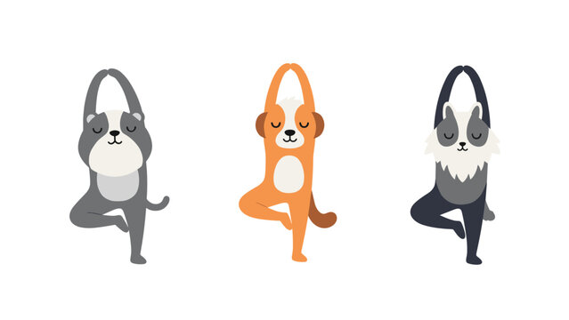 Three cute cartoon dogs in different colors standing in a yoga tree pose, promoting wellness, balance, and calm.