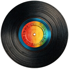 Multicolor vintage vinyl record with colorful disco music label. This retro lp disc evokes feeling of fun nostalgia from past, an iconic object for sound and audio