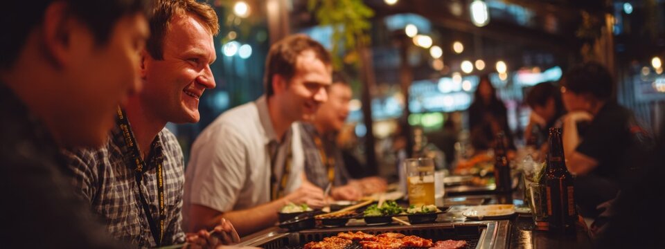 Candid Moments of Friends Enjoying Korean BBQ and Laughter After a Long Workday in a Vibrant Restaurant Setting