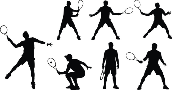 Silhouettes of Male Tennis Players in Action: Serving, Volleying, and Ready Poses, Representing the Dynamic Nature of Competitive Racket Sports and Fitness.