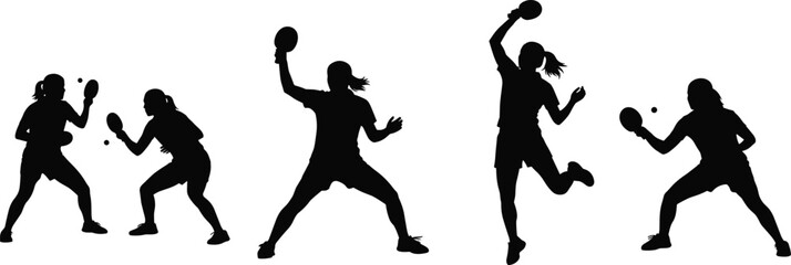 Silhouettes of Female Table Tennis Players in Dynamic Action Poses: Serving, Hitting, and Ready for Return, Representing Competitive Sports and Fitness Concepts.