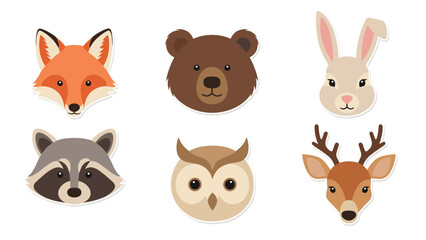 Fototapeta premium Cute collection of woodland animal faces including a fox, bear, rabbit, raccoon, owl, and deer, perfect for nursery art.