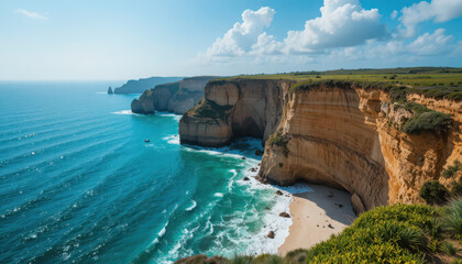 Aerial view of cliffs and turquoise ocean under a blue sky