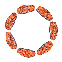 Salmon piece wreath in flat style. Red steak slice design for sea food restaurant menu, cooking recipe, product card isolated on a white background.