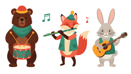 Naklejka premium Charming woodland animal band featuring a bear playing drums, a cute fox with a flute, and a rabbit strumming a guitar.