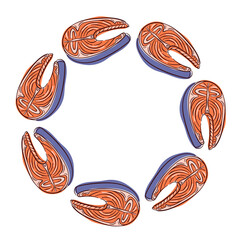 Salmon steak wreath in flat style for restaurant card. Slice of fish isolated on a white background.