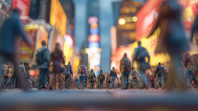 The scene captures a crowd of people in Times Square, with men and women walking amidst vibrant, illuminated billboards. The bustling energy is evident as they navigate the busy st