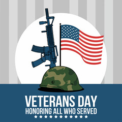 Veterans Day Illustration with Rifle, U.S. Flag, and Helmet, Honoring All Who Served.
